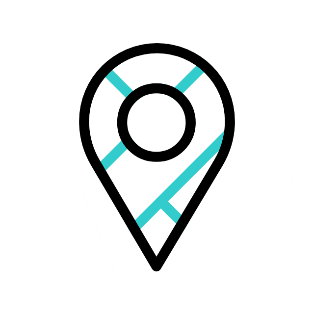 A black map pin icon with a turquoise "X" in the background, symbolizing a marked location.