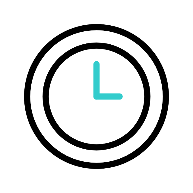 A simple clock icon with black outline and blue hands showing the time as 12:00.