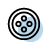 A blue and black icon of a cookie with three chocolate chips.